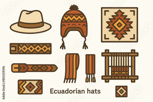 Ecuadorian Hats and Textiles Icon Set with Panama Hat, Andean Wool Hat, Poncho, Belt, Sash, Loom and Embroidery in Vector