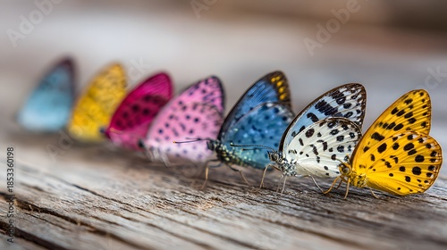 A Row of Colorful Butterflies Lined Up on a Wooden Surface.