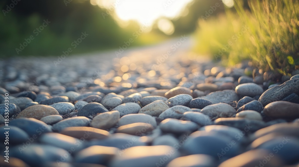 Obraz premium Close up of pebbles along a path with sunlight in background