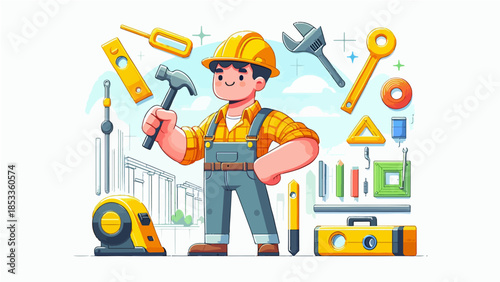 illustration of a handsome builder complete with his tools