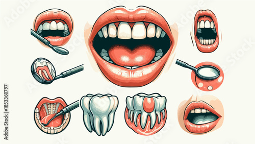 Dental Care and Oral Hygiene Illustration Set with Teeth and Dentist Tools