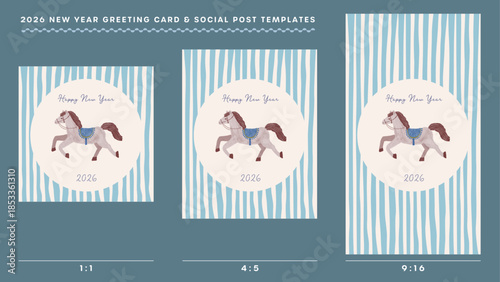 2026年年賀状とSNS投稿に使えるテンプレートセット/水彩風手描き馬と青いストライプ背景のデザイン