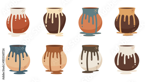 Collection of eight ceramic pottery jars with dripping glaze in earth tones