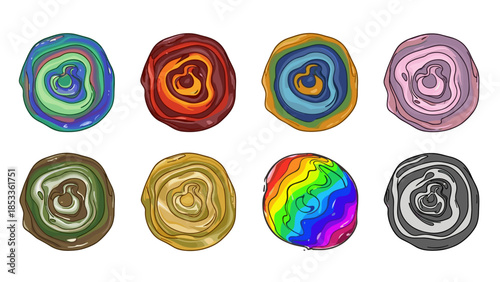 Set of eight abstract colorful tree ring cross sections or agate slices