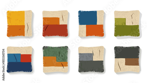 Set of eight abstract color blocks on textured paper patches
