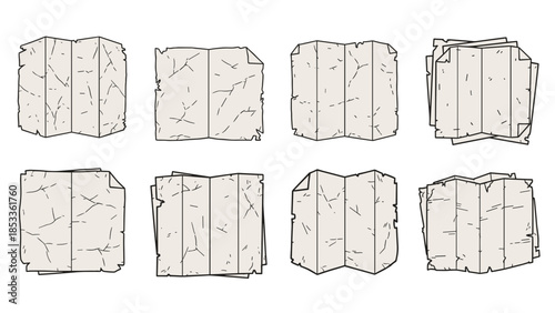 Set of eight old crumpled and folded parchment paper maps or documents