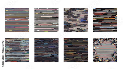 Set of eight glitch art rectangles with horizontal data corruption effects
