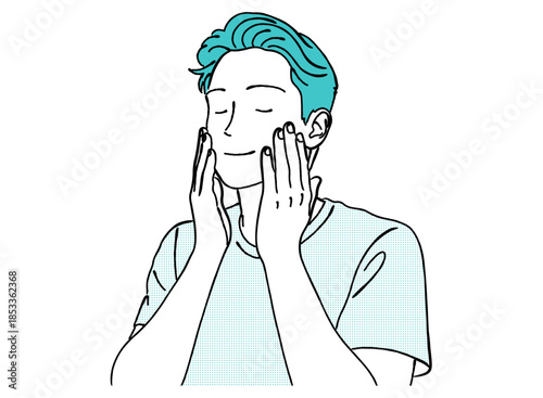 両手で頬に触れスキンケアをする男性の線画｜リラックス・セルフケア