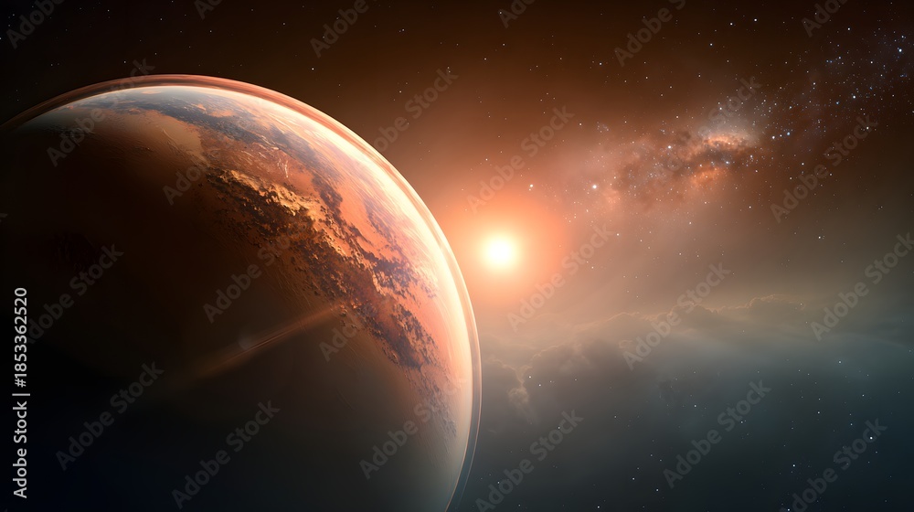 Fototapeta premium Alien Planet Sunrise with Distant Galaxy and Nebula.