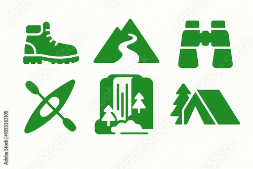 Ecuador Ecotourism Icon Set with Hiking Boot, Mountain Trail, Binoculars, Kayak, Waterfall, Forest Sign and Camping Tent