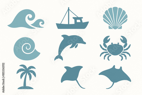 Ecuador Pacific Coast Icon Set with Waves, Fishing Boat, Seashells, Dolphin, Crab, Palm and Manta Ray in Vector