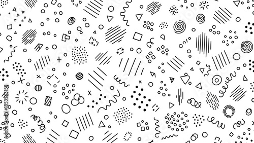 Abstract patterns and graphic elements on a white background, a creative and minimalist composition with geometric shapes and lines, showcasing a playful and modern design aesthetic