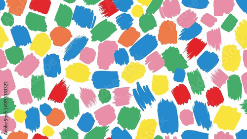 Colorful abstract pattern featuring brushstrokes of various shapes and sizes, creating a vibrant composition.