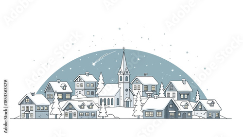 Winter village illustration featuring houses, a church, snow, and a shooting star in the night sky.