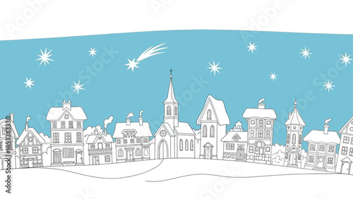 Winter village scene with snow-covered rooftops, church, and starry night sky.