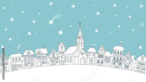Winter townscape illustration with church, houses, snow and stars on a blue background.