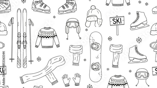 A delightful black and white doodle pattern featuring winter sports equipment like skis, snowboards, ice skates, and warm clothing.