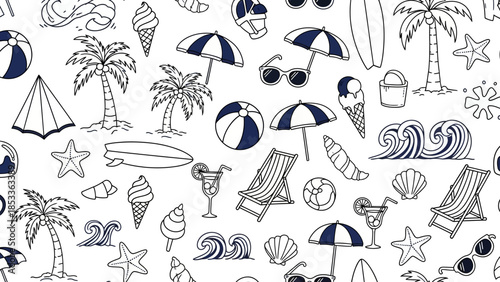 A charming hand-drawn doodle pattern featuring various summer beach and vacation elements on a white background.