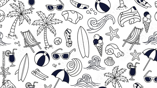 Black and white illustration of summer beach elements, including palm trees and waves.