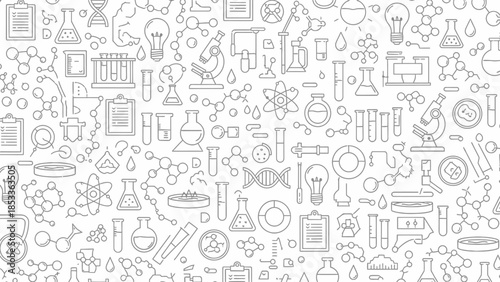 A detailed illustration featuring a repeating pattern of science-related icons, perfect for educational backgrounds.