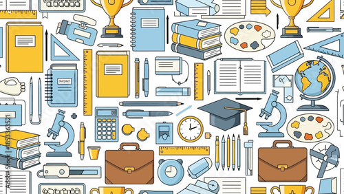 School supplies pattern with books, globe, microscope, calculator, and other items.