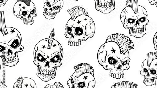 Seamless pattern of skulls with mohawks and star eyes in black and white.