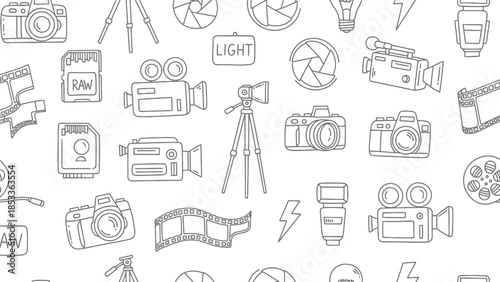 A collection of hand-drawn icons representing photography equipment and accessories, including cameras, tripods, film, and lighting.