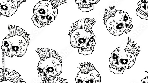 A black and white illustration of a repeating pattern of punk rock skulls with mohawks and star decorations.