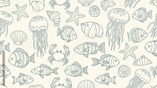 Seamless pattern of various sea creatures, including fish, jellyfish, starfish, and shells, in a repeating design.