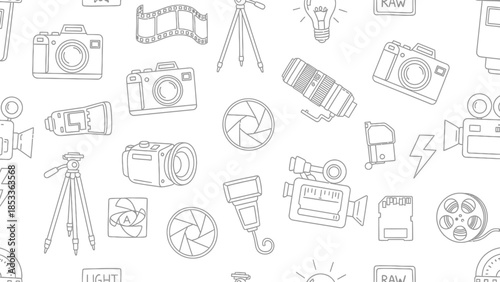 A seamless pattern of hand-drawn photography equipment, including cameras, lenses, tripods, and film rolls, on a white background.