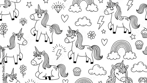 Black and white illustration of a pattern featuring unicorns, rainbows, and other cute elements.