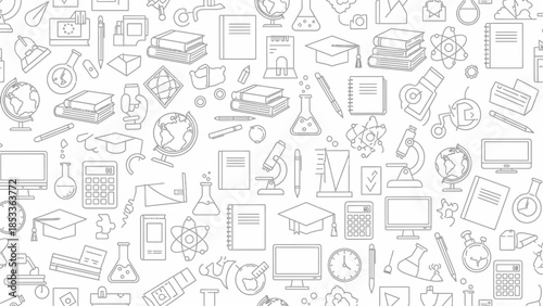 A seamless pattern of various science and education-related icons in a minimalist line art style on a white background.