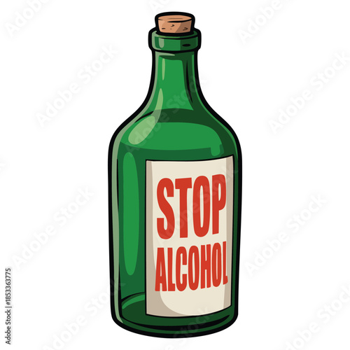 Alcohol addiction stop bottle bad habit cartoon vector illustration suitable for health education awareness prevention and social campaign creative artwork