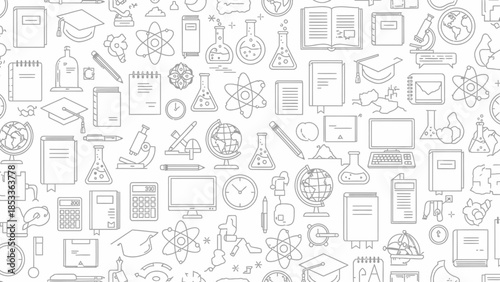 Seamless pattern with education and science elements in outline style.