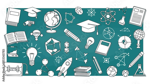 Illustration of various educational elements, including books, globes, and science symbols on a chalkboard background.