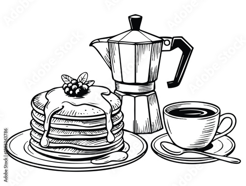 American breakfast with pancakes and coffee hand drawn realistic sketch ideal for culinary cafe menu food packaging and breakfast themed design