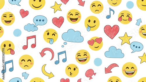 A vibrant and playful collection of hand-drawn emojis, hearts, music notes, and speech bubbles on a white background.
