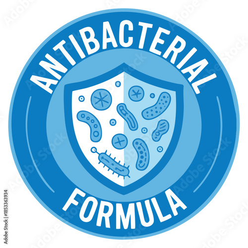 Antibacterial formula stamp shield with crossed bacteries inside vector isolated sign for antiseptic cosmetics medical and pharmaceutical product designs