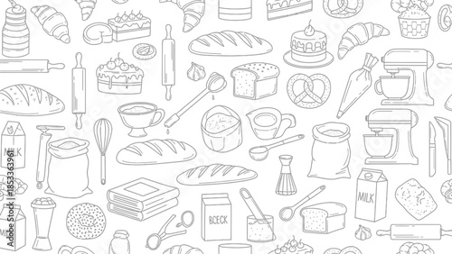 Seamless pattern with baking and cooking elements in doodle style.