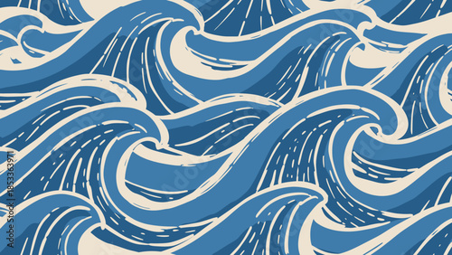 Stylized blue and white wave pattern background.