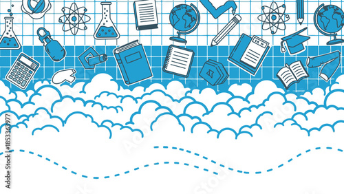 A detailed illustration featuring various school-related items, including books, globes, and scientific equipment.