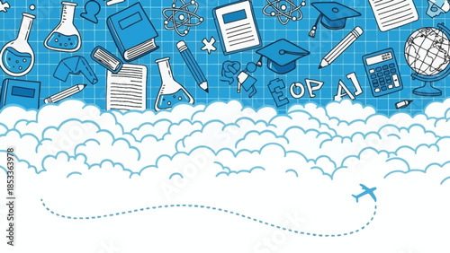 Education themed background with books, flasks, graduation caps, and other school supplies.