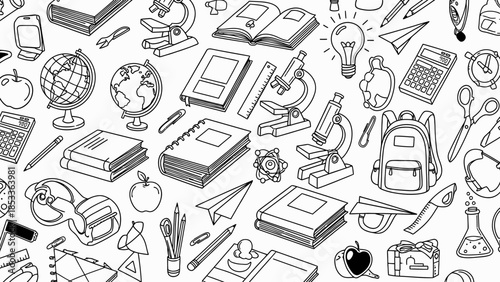 Black and white illustration of various school supplies and educational objects scattered across the surface.
