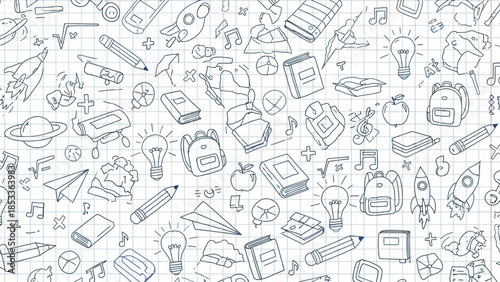 A whimsical doodle pattern featuring school supplies, rockets, and planets on a grid background.