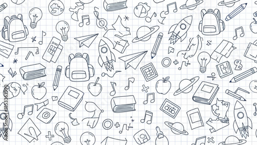 Back to school doodle pattern with school supplies and elements.