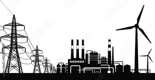 Power generation and transmission landscape with wind turbines, industrial factory, and high voltage towers, black silhouette vector illustration of modern energy infrastructure