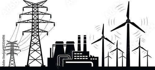 Power transmission towers and wind turbines industrial skyline, renewable energy and traditional electricity infrastructure concept, black silhouette vector illustration for energy industry design