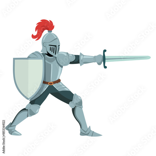 Armored chevalier medieval kingdom knight attacking with sword and shield vector illustration ideal for historical battle fantasy or game design themed visuals