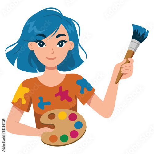 Artist character girl with blue hair holding palette and paint brush vector illustration perfect for creative painting drawing education art school and hobby themed designs