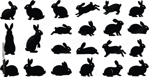 Rabbit silhouettes collection, cute bunny poses running jumping sitting set, animal wildlife shapes, playful nature icons, black flat vector illustration, isolated on white